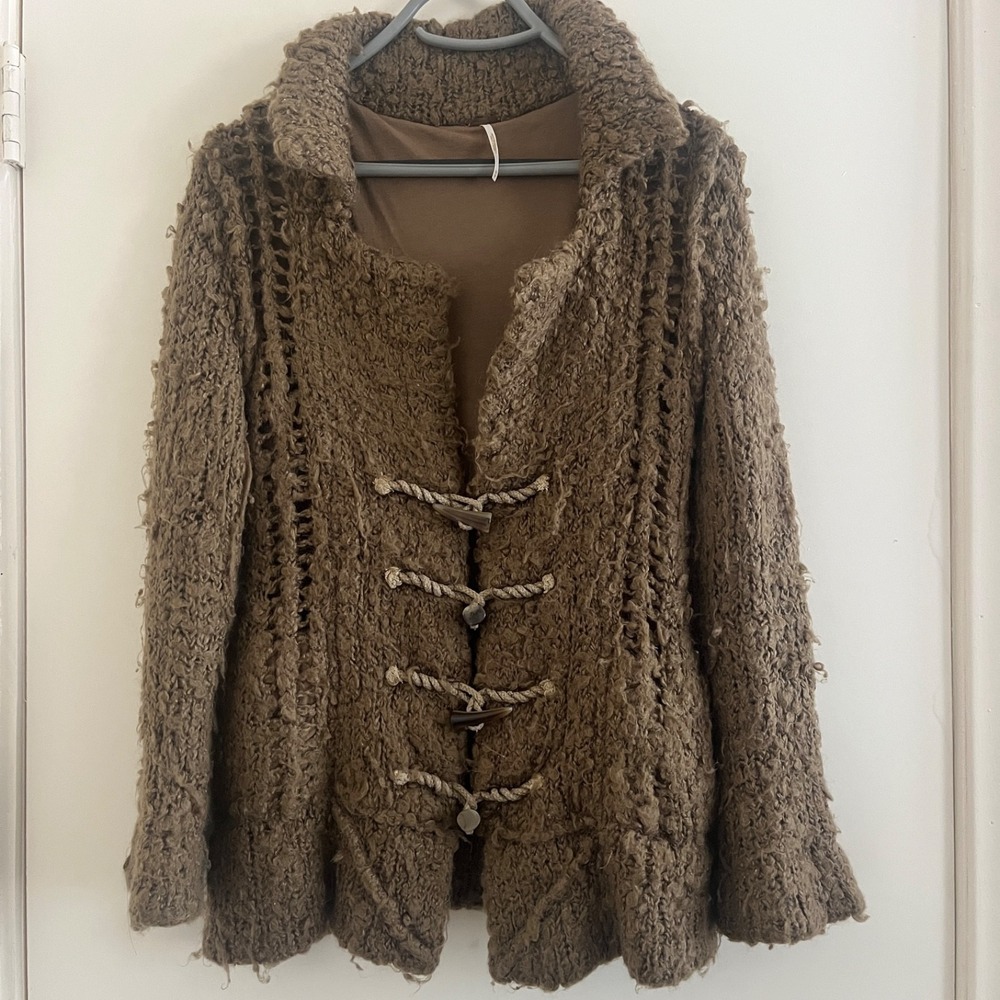 Free People Toggle Cardigan XS Brown Mohair Wool Shaggy Knit Boho Fairy Woodland